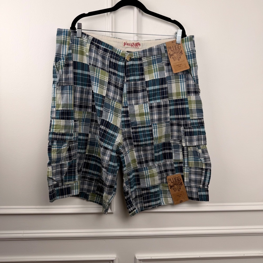 Plugg Mens Patchwork Cargo Shorts Blue Green Plaid Cotton Size 42 NWT 476116